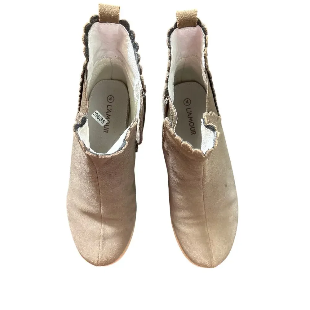 Girls L'Amour Brown Leather Scalloped Booties Sz 4